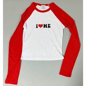 White Red ‘I ❤️ Me’ Graphic Long Sleeve T-Shirt Top Blouse Tee Size S ✨ #y2k